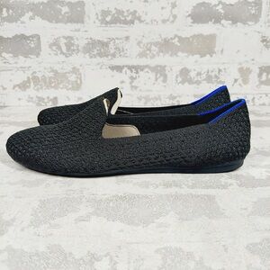 Rothy's Black Knit Slip-On Loafers with Blue and Tan Accents